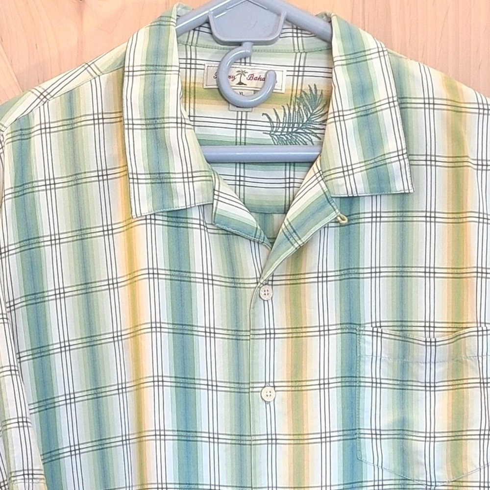 Tommy Bahama Mens XL 100% Silk Plaid Button Up Shirt Green Yellow Hawaiian Aloha